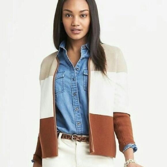 BANANA REPUBLIC NWT Color Block Brown, White & Tan Open Front Cardigan - Medium - Picture 1 of 9